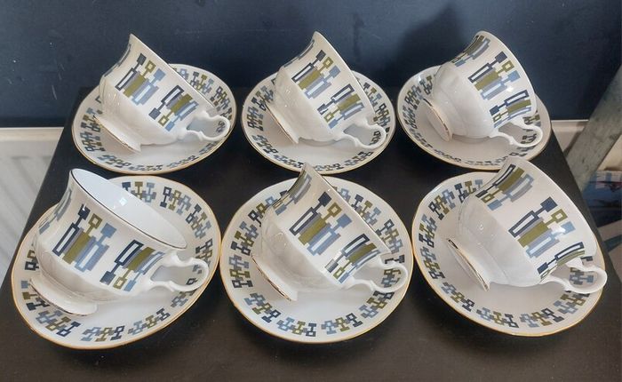 Fabulous Vintage China Set of Six Duos by Royal Kent Bone China in a Cool Vintage Retro Abstract 70s Pattern
