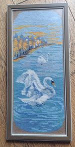 Vintage Swedish Framed Needlepoint Tapestry - Swans On Water