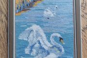Vintage Swedish Framed Needlepoint Tapestry - Swans On Water