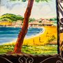 Hand painted tile from Palamos, Playa La Fosca La Fosca beach in Palamos, Costa Brava, Spain. heled in black costirorn holder Image 5