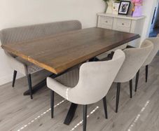 Smoked oak dining table, chairs, and barstools