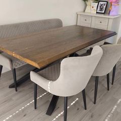 Smoked oak dining table, chairs, and barstools