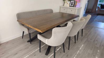 Smoked oak dining table, chairs, and barstools