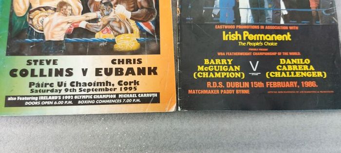 2 x boxing programmes,, Barry mcguigan fight 15th February 1986  R.D.S dublin ,and Steve Collins fight,9 September 1995 Cork, , 2 x irish boxing champions,,2 x legends of irish boxing...