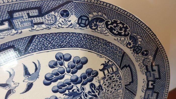 Beautiful Antique Blue and White Transferware Willow Pattern Large Oval Platter, Unknown Maker, Probably Staffordshire-Made