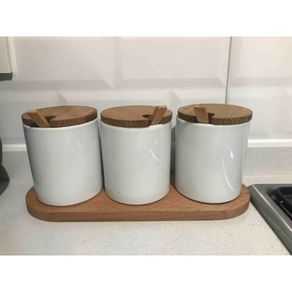 Set of 3 with Spoon Wooden Spice Set Jar 3 Pcs Set Spice Box Storage Container Table and Counter Top Usage Presentations Kitchen Gift Houseware New