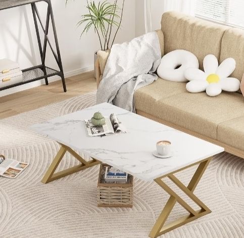 Center Tea Tables, Rectangular Tea Tables, End Side Desk with Gold Metal Frame for Living Room Bedroom Office, Modern Open Design, 39.3 x 18.9 x 17.7 IN, White/Gold