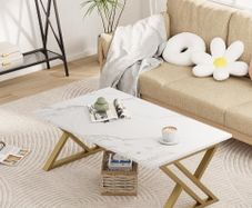 Center Tea Tables, Rectangular Tea Tables, End Side Desk with Gold Metal Frame for Living Room Bedroom Office, Modern Open Design, 39.3 x 18.9 x 17.7 IN, White/Gold
