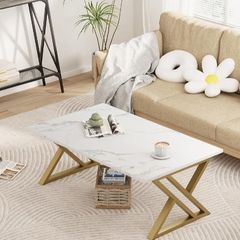 Center Tea Tables, Rectangular Tea Tables, End Side Desk with Gold Metal Frame for Living Room Bedroom Office, Modern Open Design, 39.3 x 18.9 x 17.7 IN, White/Gold