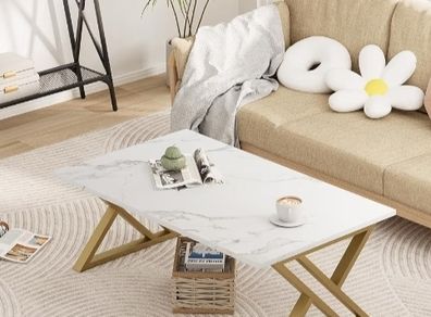 Center Tea Tables, Rectangular Tea Tables, End Side Desk with Gold Metal Frame for Living Room Bedroom Office, Modern Open Design, 39.3 x 18.9 x 17.7 IN, White/Gold