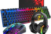 Wired Gaming Keyboard and Mouse Headset Combo,Rainbow LED Backlit Wired Keyboard,Over Ear Headphone with Mic,Rainbow Backlit Gaming Mice,Mouse Pad,for PC,Laptop,Mac,PS4,Xbox(Black)