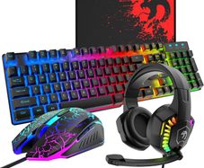 Wired Gaming Keyboard and Mouse Headset Combo,Rainbow LED Backlit Wired Keyboard,Over Ear Headphone with Mic,Rainbow Backlit Gaming Mice,Mouse Pad,for PC,Laptop,Mac,PS4,Xbox(Black)