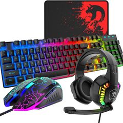 Wired Gaming Keyboard and Mouse Headset Combo,Rainbow LED Backlit Wired Keyboard,Over Ear Headphone with Mic,Rainbow Backlit Gaming Mice,Mouse Pad,for PC,Laptop,Mac,PS4,Xbox(Black)