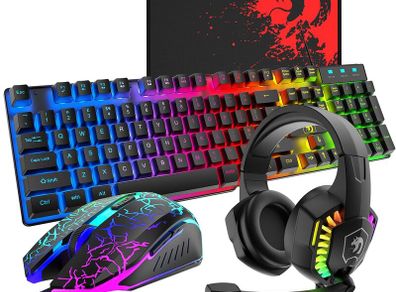 Wired Gaming Keyboard and Mouse Headset Combo,Rainbow LED Backlit Wired Keyboard,Over Ear Headphone with Mic,Rainbow Backlit Gaming Mice,Mouse Pad,for PC,Laptop,Mac,PS4,Xbox(Black)