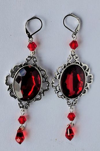 Gothic Ornate Filigree Deep Red Garnet Tassel Earrings