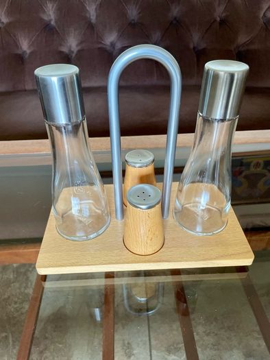 Vintage Bodum Oil Vinegar Salt Pepper Cruet Set by Georg Fontana Danish Beechwood with Aluminum 1990s