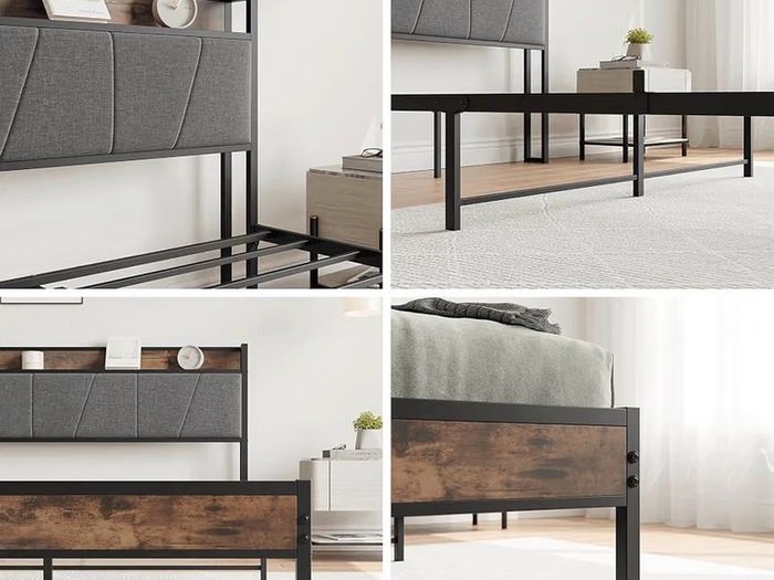 Double Bed Frames with Storage Headboard,Heavy Duty Metal Upholstered Platform Bed Frame Double Bed,Mattress Foundation/Strong Steel Slat Support/Under Bed Storage/Easy Assembly