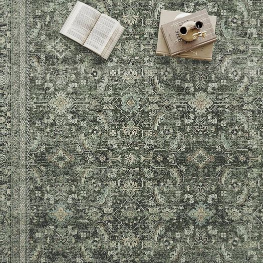 Vintage Rugs Living Room Green Large Area Rug 160x230cm Non Slip Washable Hall Lounge Bedroom Kitchen Office Dining Room Indoor Carpet Low Pile Big Carpets