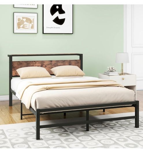 Double Bed Frame,Metal Platform Bed 135x190 cm,Brown No Box Spring Needed,Steel Slats Mattress Base,with Wood Storage Headboard,Noise Free,Black Double Bed Frame,Easy Assembly