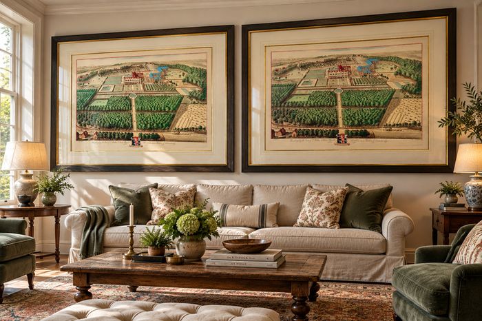 Pair of Very Large Reproduction Prints (4ft 6in x 3ft 9in) - Madingley Hall, Cambridge after Kip & Knyff (1707)