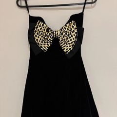 Black Slip Dress with Gold Sequin Bow Bust Detail size 8
