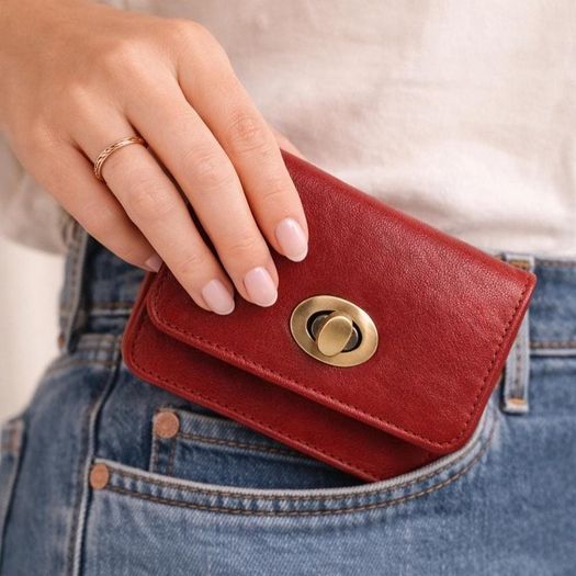 Premium Genuine Leather Wallet for Women Stylish Red Clutch Wallet with Button Closure