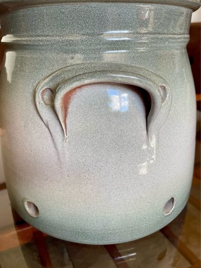 Handcrafted Kiltrea Bridge Pottery Stoneware Onion Crock Smooth Sage Green Glaze Embossed Onion Crock