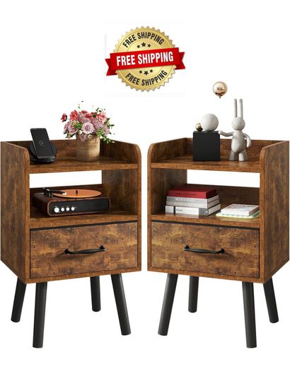 Bedside Table Set of 2, Nightstand, Side Table, Wooden Sofa End Table with Fabric Drawer, Open Shelf, Solid Wood Legs, 39x29x63 cm, for Bedroom, Living Room, Rustic Brown