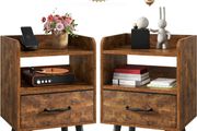 Bedside Table Set of 2, Nightstand, Side Table, Wooden Sofa End Table with Fabric Drawer, Open Shelf, Solid Wood Legs, 39x29x63 cm, for Bedroom, Living Room, Rustic Brown