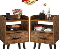 Bedside Table Set of 2, Nightstand, Side Table, Wooden Sofa End Table with Fabric Drawer, Open Shelf, Solid Wood Legs, 39x29x63 cm, for Bedroom, Living Room, Rustic Brown