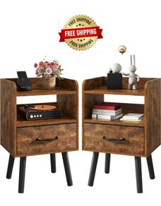 Bedside Table Set of 2, Nightstand, Side Table, Wooden Sofa End Table with Fabric Drawer, Open Shelf, Solid Wood Legs, 39x29x63 cm, for Bedroom, Living Room, Rustic Brown
