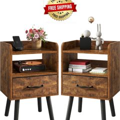 Bedside Table Set of 2, Nightstand, Side Table, Wooden Sofa End Table with Fabric Drawer, Open Shelf, Solid Wood Legs, 39x29x63 cm, for Bedroom, Living Room, Rustic Brown