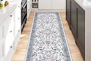 Hallway Runner Rug 60x180 cm, Floral Bedside Rugs Bedroom, Washable Farmhouse Carpet for Living Room, Low Pile Foldable Floor Mat for Kitchen, Blue
