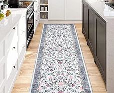 Hallway Runner Rug 60x180 cm, Floral Bedside Rugs Bedroom, Washable Farmhouse Carpet for Living Room, Low Pile Foldable Floor Mat for Kitchen, Blue