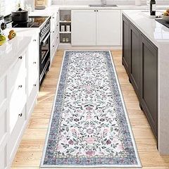Hallway Runner Rug 60x180 cm, Floral Bedside Rugs Bedroom, Washable Farmhouse Carpet for Living Room, Low Pile Foldable Floor Mat for Kitchen, Blue
