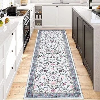 Hallway Runner Rug 60x180 cm, Floral Bedside Rugs Bedroom, Washable Farmhouse Carpet for Living Room, Low Pile Foldable Floor Mat for Kitchen, Blue