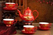 Chinese Red Porcelain Gold Dragon Tea Set