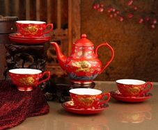 Chinese Red Porcelain Gold Dragon Tea Set