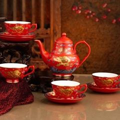 Chinese Red Porcelain Gold Dragon Tea Set