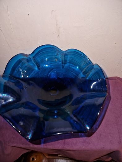 Unique hand blown cobalt blue candy dish with wood base