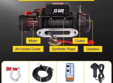 6 tone 12V Electric Winch Synthetic Tow Rope Winch 24M/92FT Lifting Hoist for 4X4 Car Trailer ATV Truck Off Road Boat