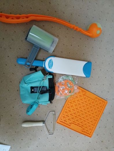 Dog accessories: scooper, treat bag, lint roller, lick tray,  ball thrower and more