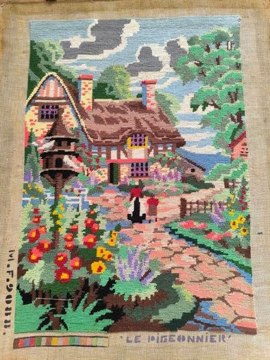 Vintage Hand Stitched Needlepoint Tapestry in Ornate Frame wall art Le Digeonier cottage