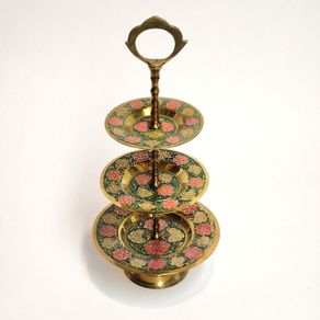 Beautiful vintage 3 tier brass and enamel stand with handle