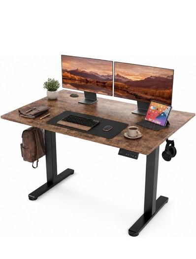 Electric Standing Desk 120x60cm Height Adjustable Desk with 3 Memory Presets & Sit Stand Reminder, Quiet Home Office Computer Desk with LED Display, Cable Holes & Hooks, Rustic Brown
