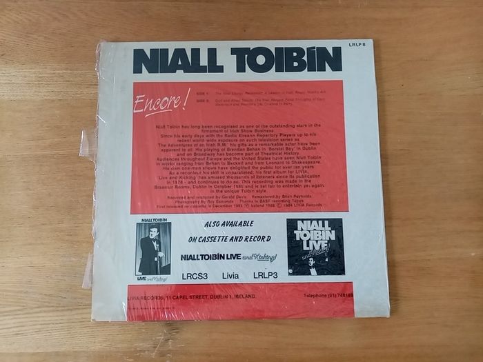 NIAL TOIBIN. ENCORE! original 1986 Irish Pressing. LIVIA records. LP. Vinyl. Record. Album. Made in the Ireland.