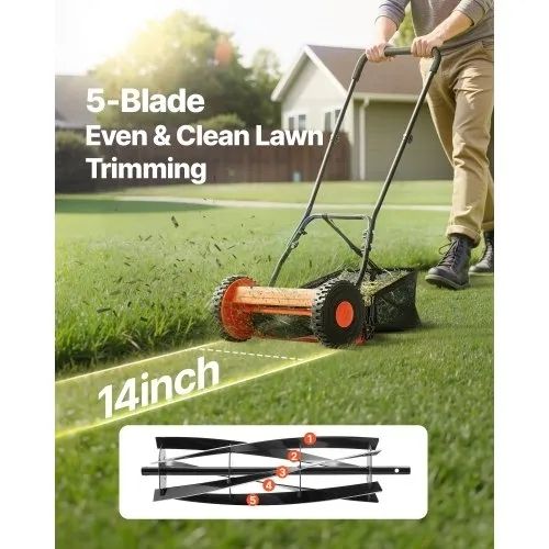 Push Reel Lawn Mower 35 cm, 5 Blades Manual Push Mower No Motor, 15-45 mm Adjustable Cutting Height, Walk-Behind Lawn Mowers with Grass