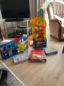 Car tracks/garage, paw patrol truck and other games