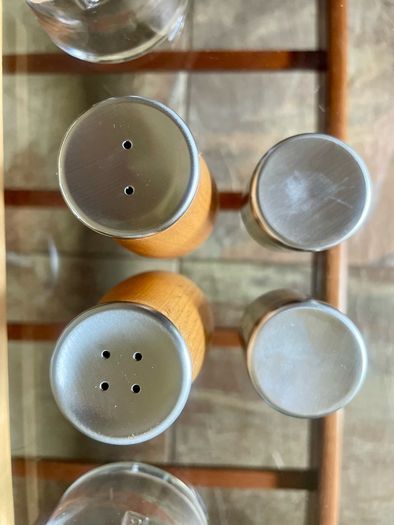 Vintage Bodum Oil Vinegar Salt Pepper Cruet Set by Georg Fontana Danish Beechwood with Aluminum 1990s