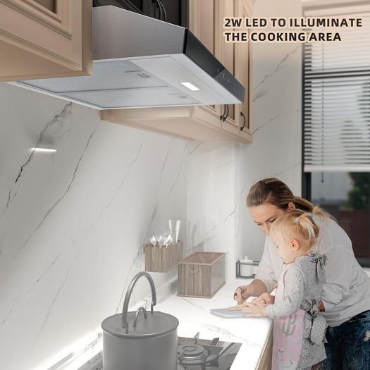 60cm Cooker Hood, 3 Speed Extractor Fan with Touch Control, LED Light, Carbon Filter, Wall or Under Cabinet Mounted Kitchen Extractor Hood, Recirculation & Duct Modes